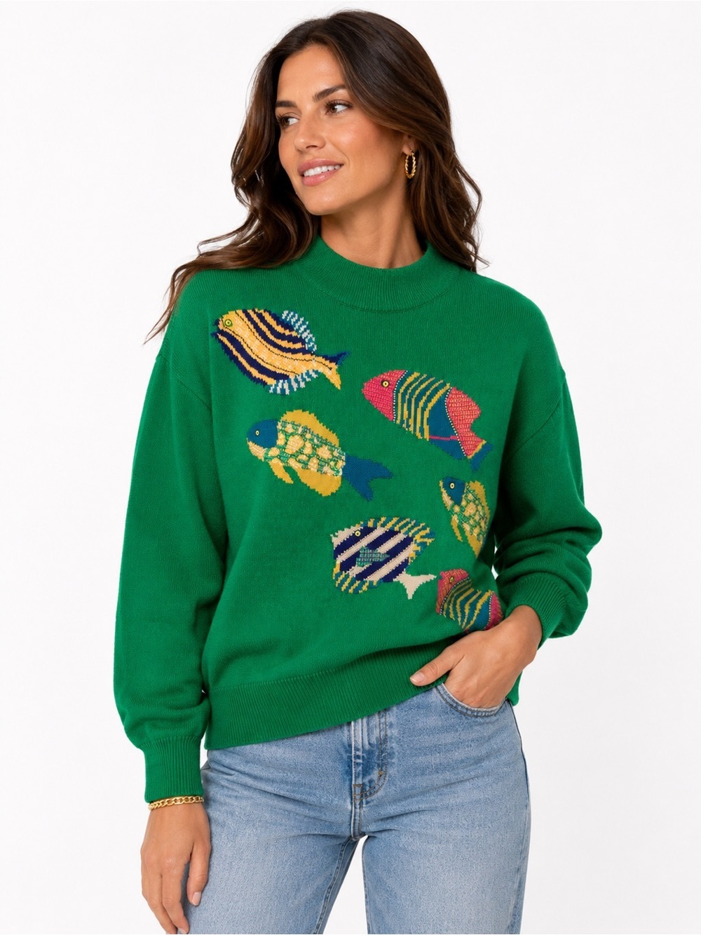 Vintage 80’s St John Fish Sweater Womens Size 3 Green Tropical Knit USA